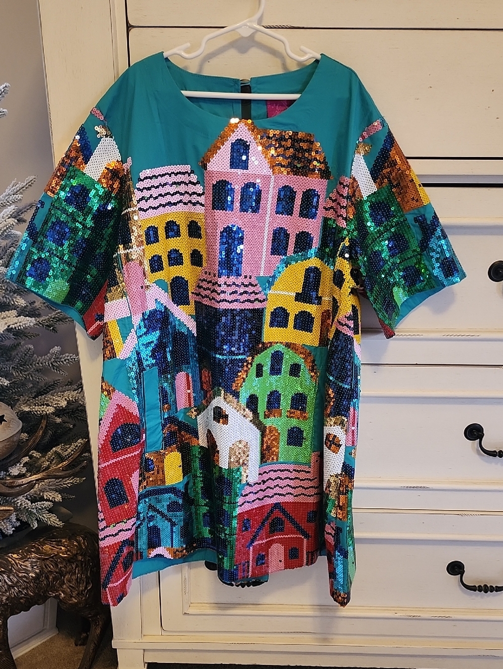 Queen Of Sparkles Sequin Village Print Dress in Teal & Multicolor